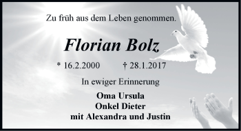Traueranzeige von Florian Bolz von Emder Zeitung