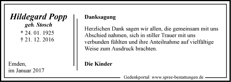  Traueranzeige für Hildegard Popp vom 28.01.2017 aus Emder Zeitung
