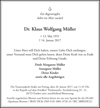 Traueranzeige von Klaus Wolfgang Müller von Emder Zeitung
