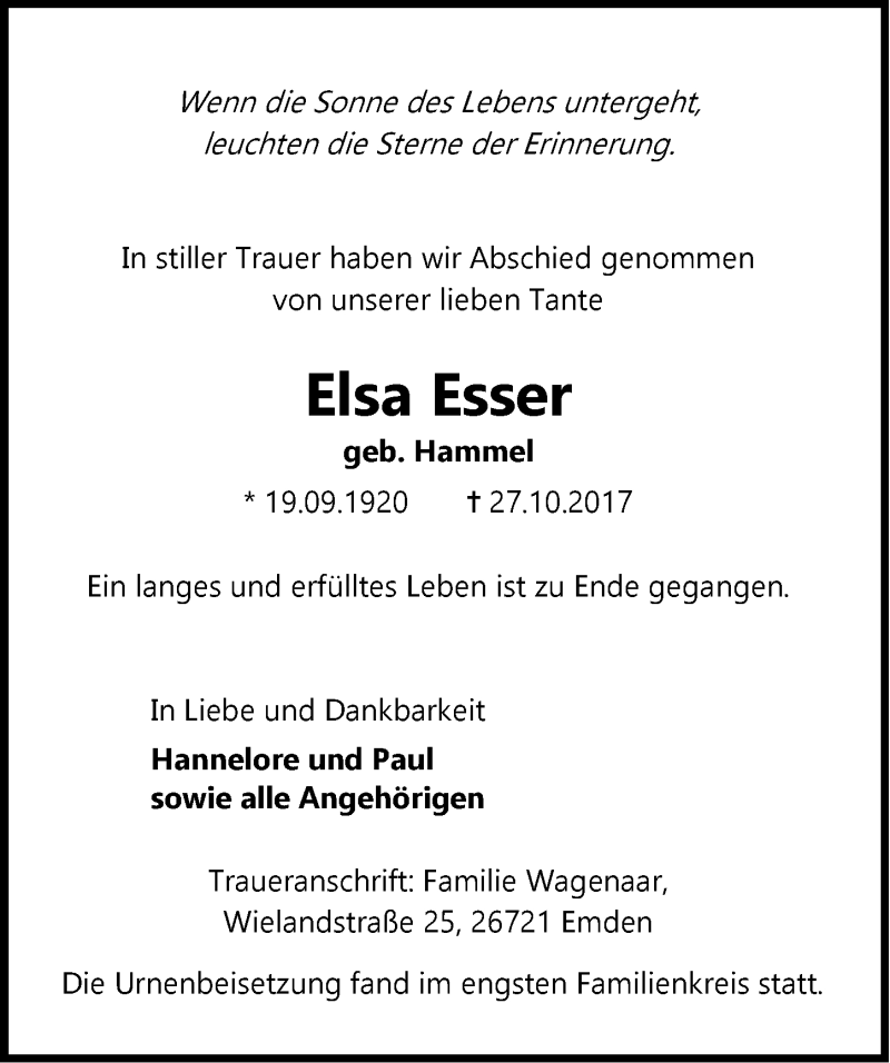 Traueranzeigen von Elsa Esser | nordwest-trauer.de