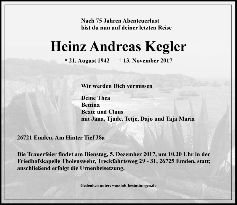  Traueranzeige für Heinz Andreas Kegler vom 28.11.2017 aus Emder Zeitung