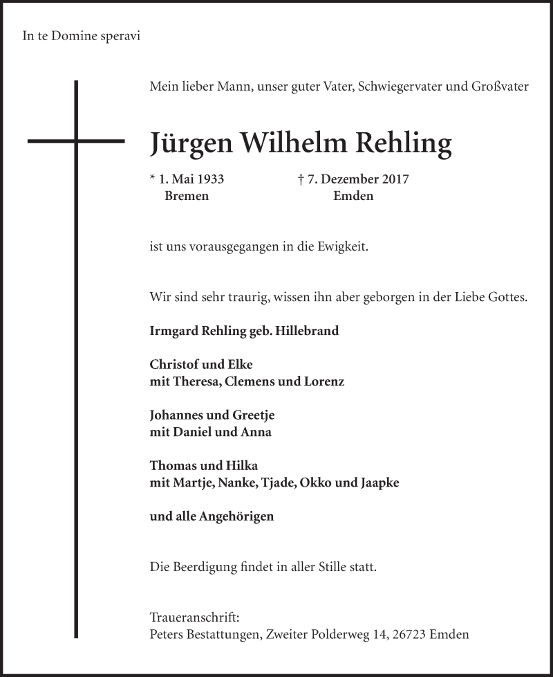  Traueranzeige für Jürgen Wilhelm Rehling vom 16.12.2017 aus Emder Zeitung