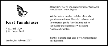 Traueranzeige von Kurt Tannhäuser von Emder Zeitung