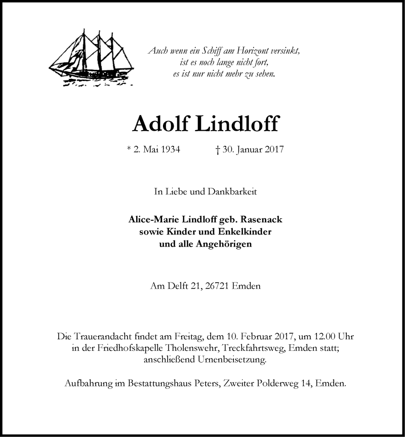  Traueranzeige für Adolf Lindloff vom 03.02.2017 aus Emder Zeitung