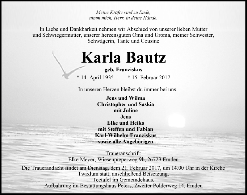  Traueranzeige für Karla Bautz vom 17.02.2017 aus Emder Zeitung