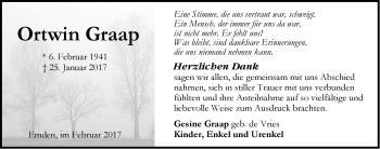 Traueranzeige von Ortwin Graap von Emder Zeitung