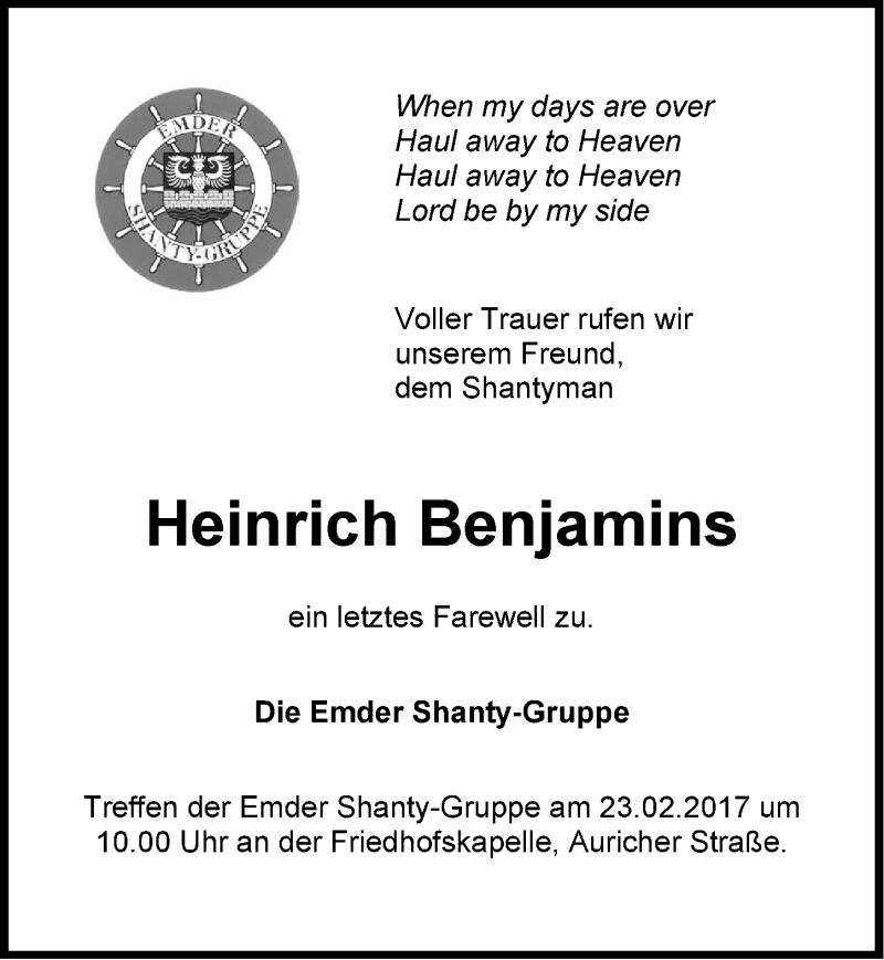  Traueranzeige für Heinrich Benjamins vom 17.02.2017 aus Emder Zeitung