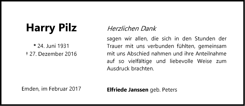  Traueranzeige für Harry Pilz vom 11.02.2017 aus Emder Zeitung