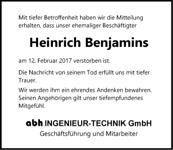 Traueranzeige von Heinrich Benjamins von Emder Zeitung