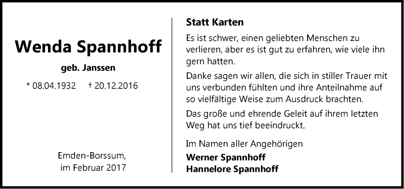  Traueranzeige für Wenda Spannhoff vom 18.02.2017 aus Emder Zeitung