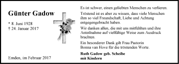 Traueranzeige von Günter Gadow von Emder Zeitung