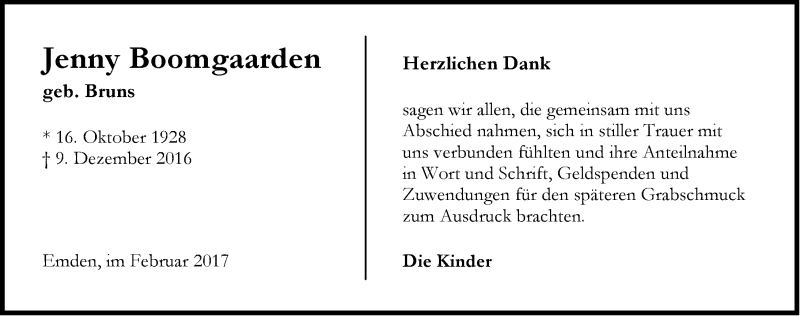  Traueranzeige für Jenny Boomgaarden vom 04.02.2017 aus Emder Zeitung