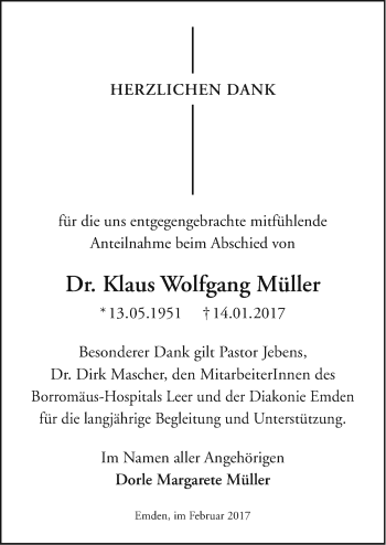 Traueranzeige von Klaus Wolfgang Müller von Emder Zeitung