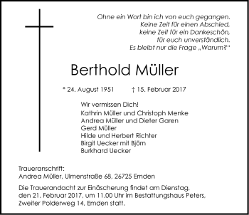 Traueranzeige von Berthold Müller von Emder Zeitung
