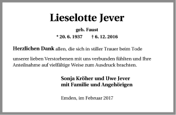Traueranzeige von Lieselotte Jever von Emder Zeitung