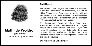 Traueranzeige von Mathilde Wolthoff von Emder Zeitung