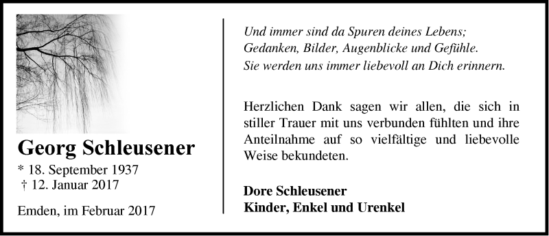  Traueranzeige für Georg Schleusener vom 18.02.2017 aus Emder Zeitung