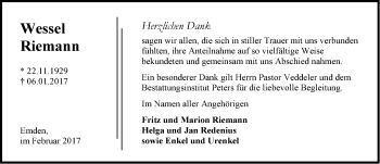 Traueranzeige von Wessel Riemann von Emder Zeitung