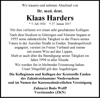 Traueranzeige von Klaas Harders von Emder Zeitung