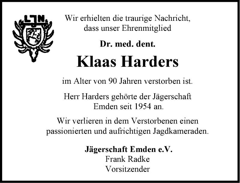  Traueranzeige für Klaas Harders vom 03.02.2017 aus Emder Zeitung