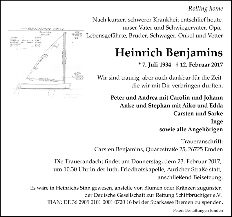  Traueranzeige für Heinrich Benjamins vom 16.02.2017 aus Emder Zeitung