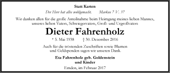 Traueranzeige von Dieter Fahrenholz von Emder Zeitung