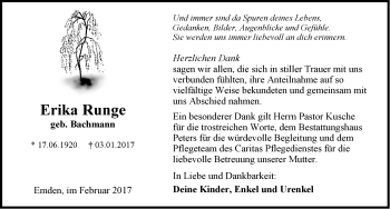 Traueranzeige von Erika Runge von Emder Zeitung