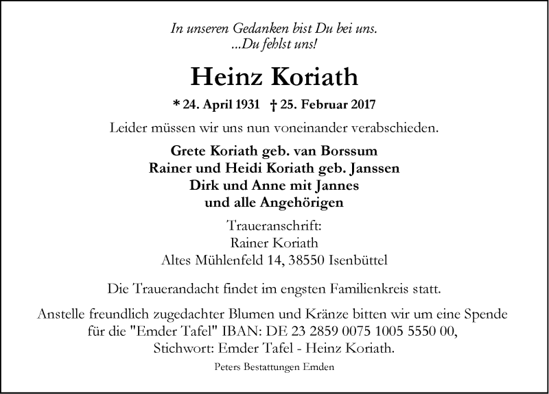  Traueranzeige für Heinz Koriath vom 28.02.2017 aus Emder Zeitung