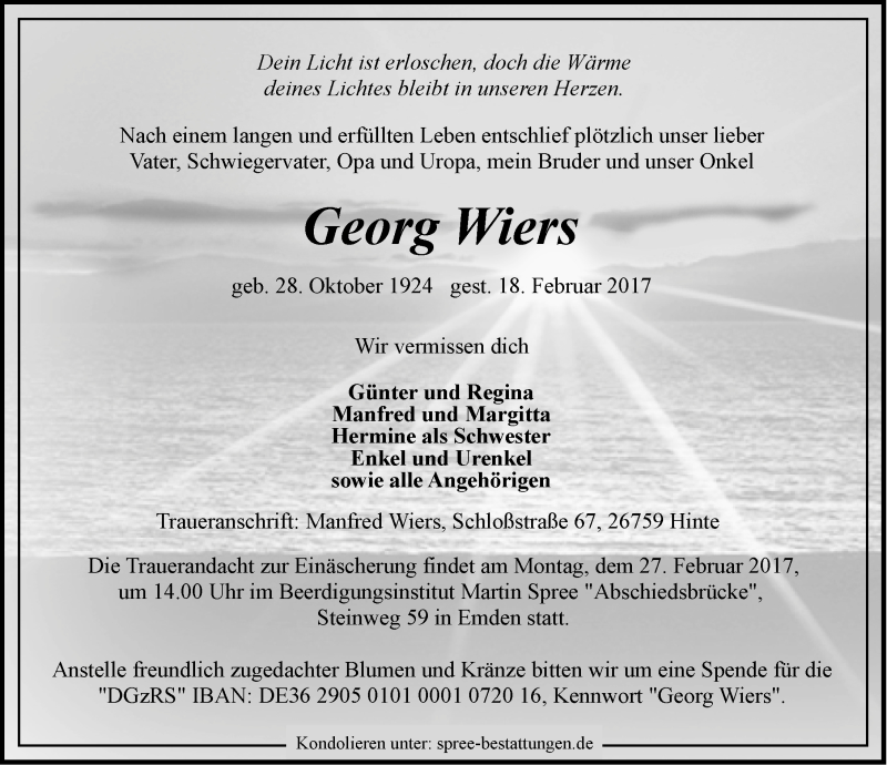  Traueranzeige für Georg Wiers vom 23.02.2017 aus Emder Zeitung
