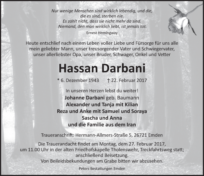  Traueranzeige für Hassan Darbani vom 24.02.2017 aus Emder Zeitung
