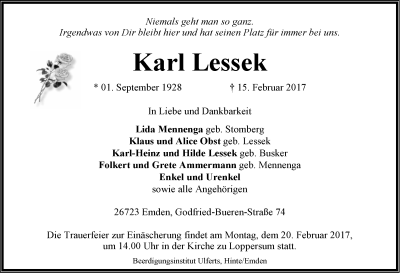  Traueranzeige für Karl Lessek vom 17.02.2017 aus Emder Zeitung