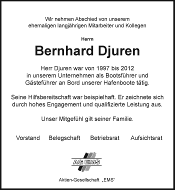 Traueranzeige von Bernhard Djuren von Emder Zeitung