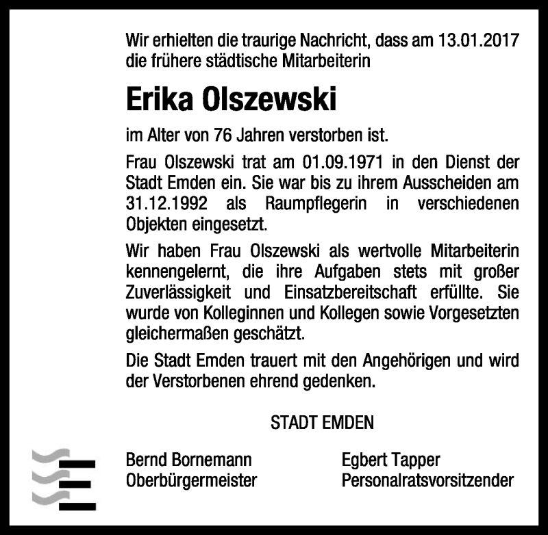  Traueranzeige für Erika Olszewski vom 10.02.2017 aus Emder Zeitung