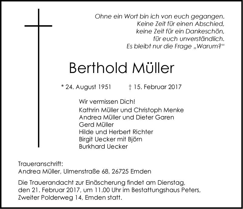  Traueranzeige für Berthold Müller vom 18.02.2017 aus Emder Zeitung
