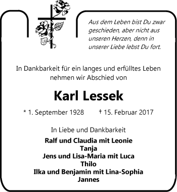Traueranzeige von Karl Lessek von Emder Zeitung