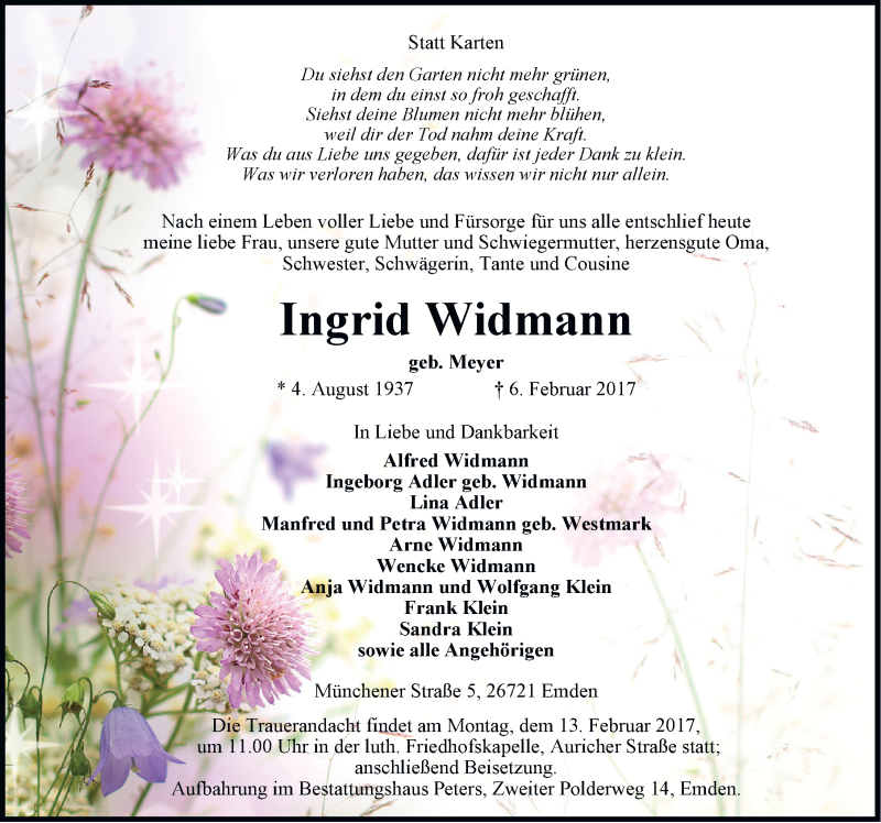  Traueranzeige für Ingrid Widmann vom 08.02.2017 aus Emder Zeitung