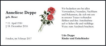 Traueranzeige von Anneliese Deppe von Emder Zeitung