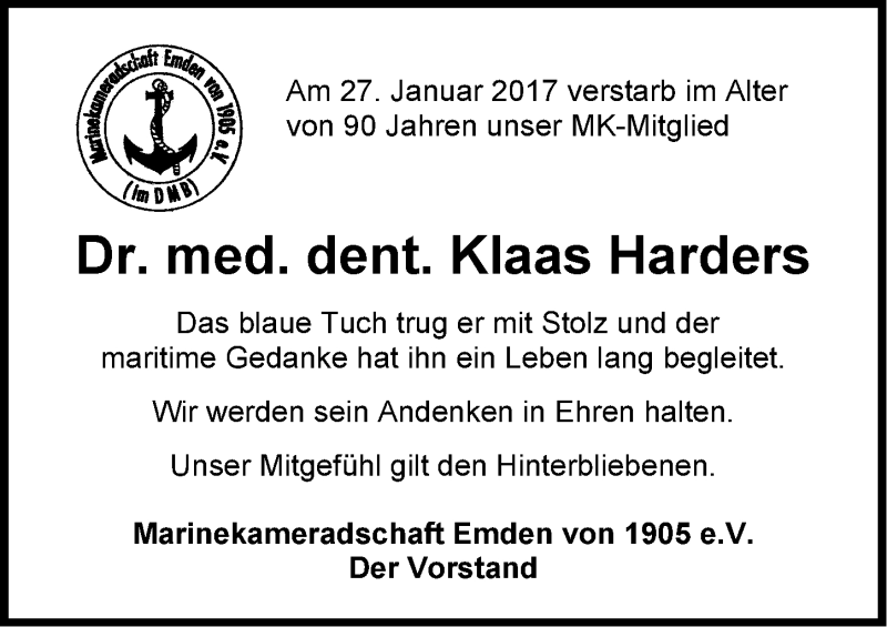  Traueranzeige für Klaas Harders vom 02.02.2017 aus Emder Zeitung