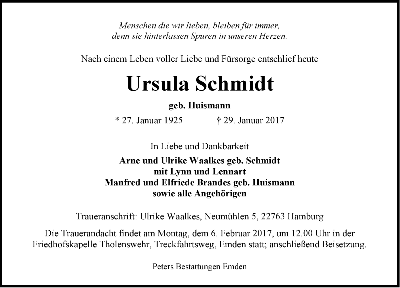  Traueranzeige für Ursula Schmidt vom 01.02.2017 aus Emder Zeitung