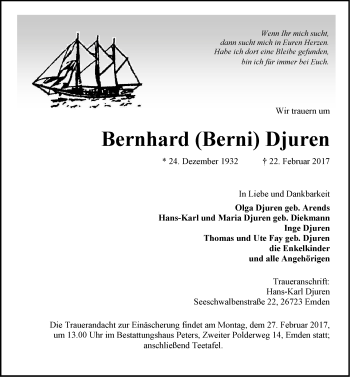 Traueranzeige von Bernhard Djuren von Emder Zeitung