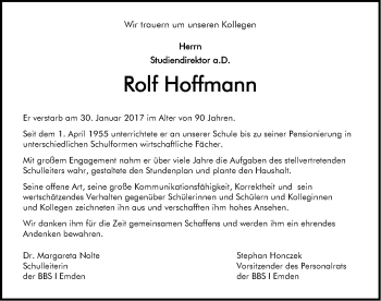 Traueranzeige von Rolf Hoffmann von Emder Zeitung