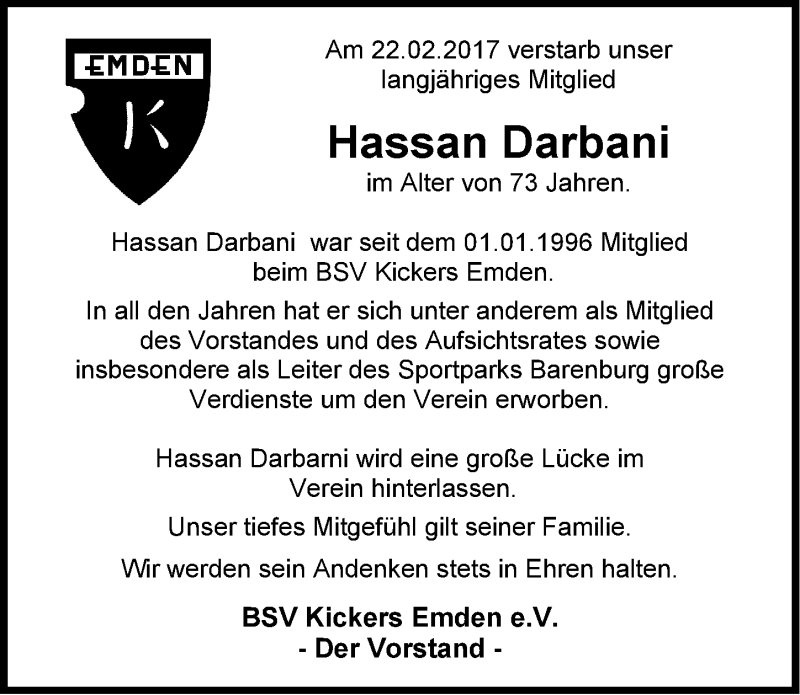 Traueranzeige für Hassan Darbani vom 25.02.2017 aus Emder Zeitung
