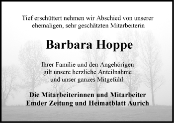 Traueranzeige von Barbara Hoppe von Emder Zeitung