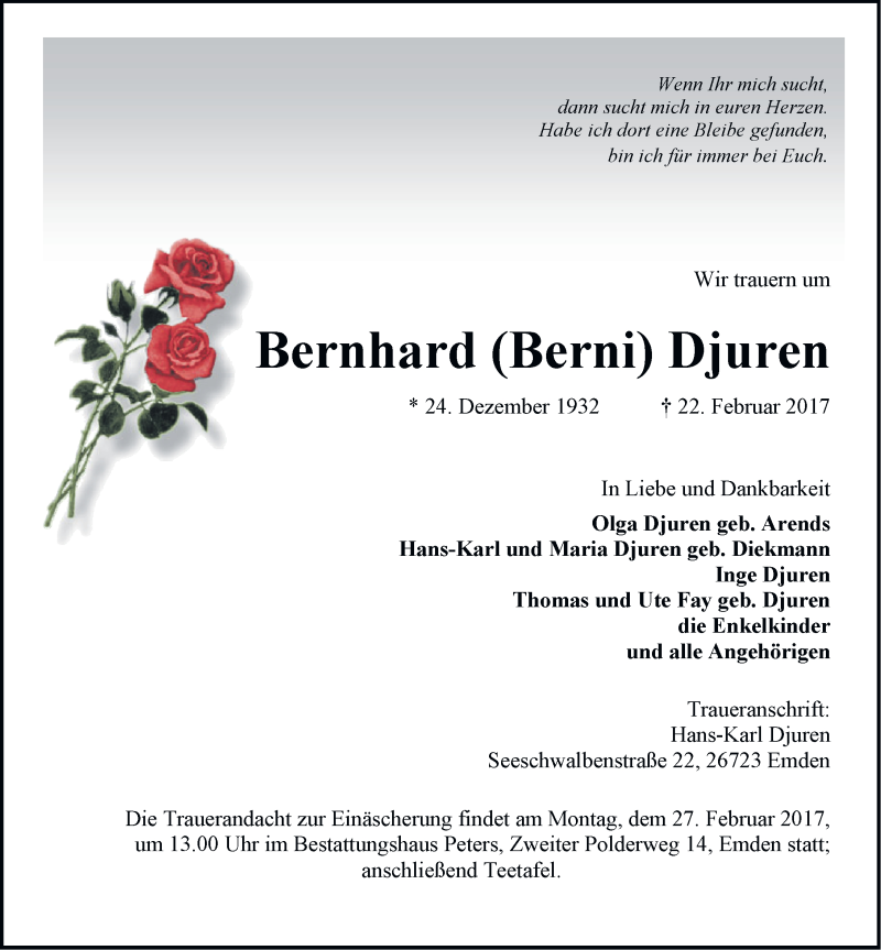  Traueranzeige für Bernhard Djuren vom 24.02.2017 aus Emder Zeitung