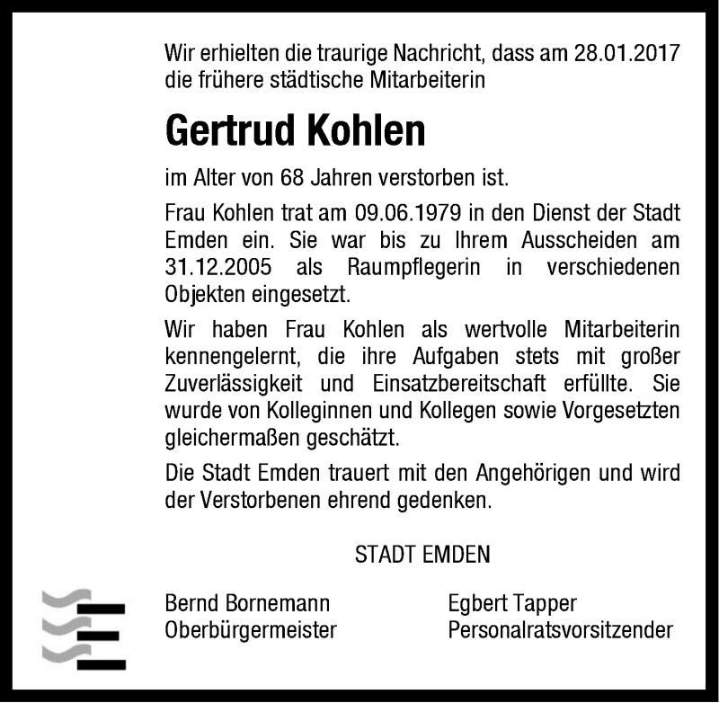  Traueranzeige für Gertrud Kohlen vom 03.02.2017 aus Emder Zeitung