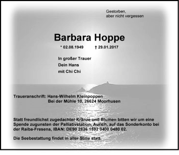 Traueranzeige von Barbara Hoppe von Emder Zeitung