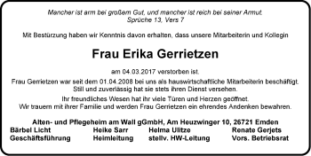 Traueranzeige von Erika Gerrietzen von Emder Zeitung