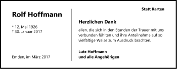 Traueranzeige von Rolf Hoffmann von Emder Zeitung