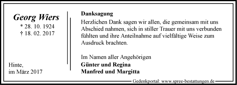  Traueranzeige für Georg Wiers vom 18.03.2017 aus Emder Zeitung