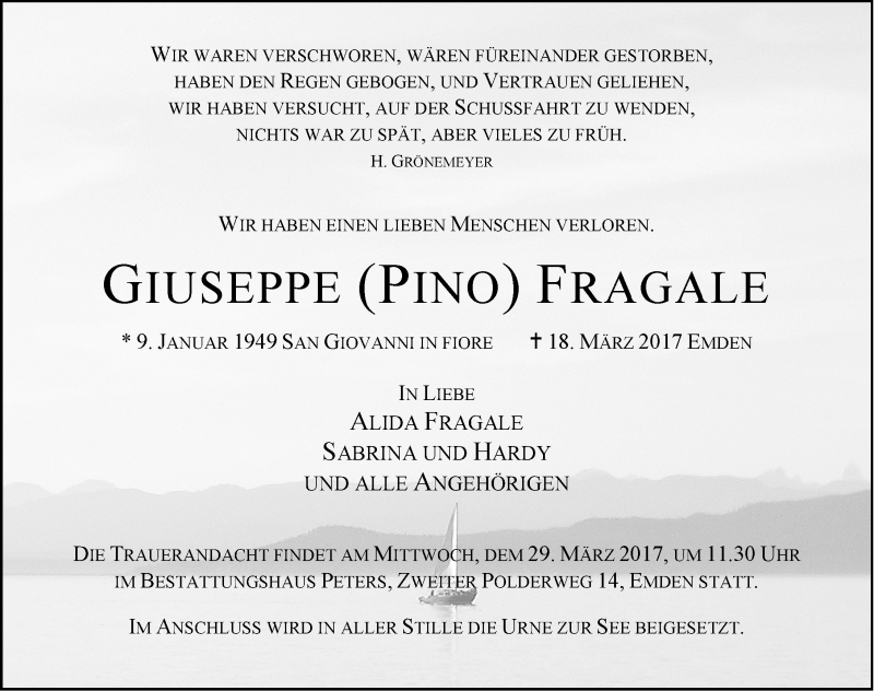  Traueranzeige für Giuseppe Fragale vom 22.03.2017 aus Emder Zeitung